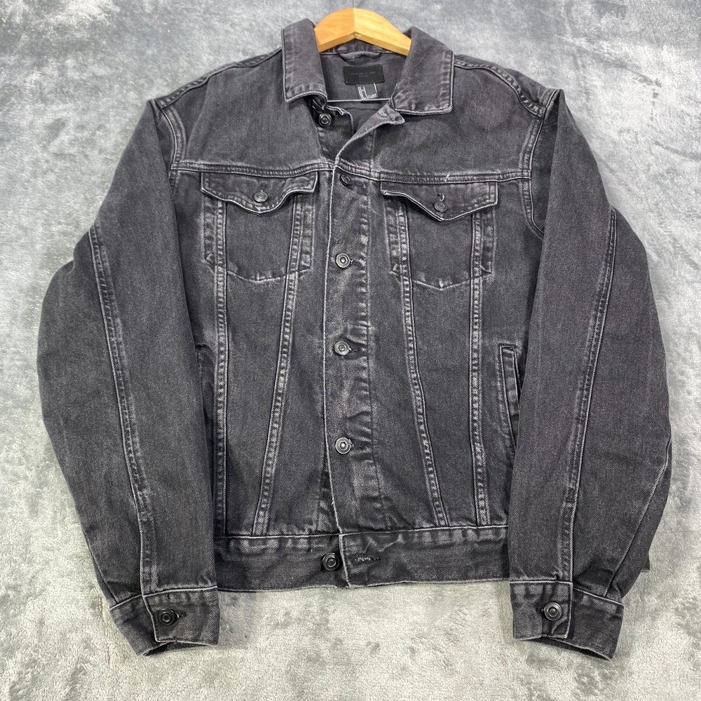 H&M Mens Black Denim Trucker Jacket Large Fear The Youth Button Up Cotton Jean